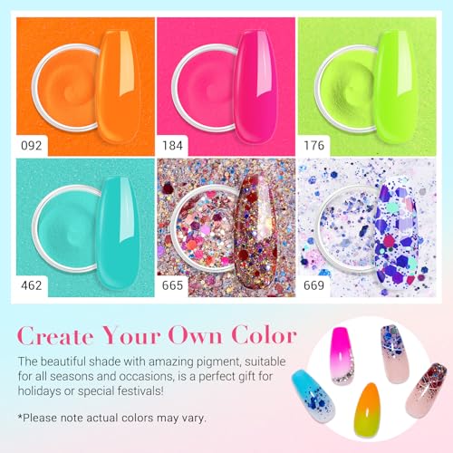 AZUREBEAUTY Orange Fluorescent Blue Green Dip Powder Nail Set, 6 Spring Summer Colors Dipping Starter Kit French Art Manicure DIY Mother's Gift for Women, No Need Lamp Cured