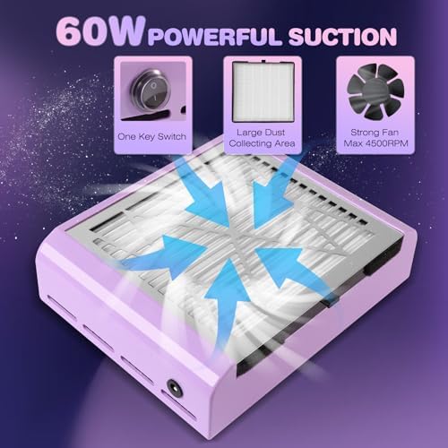 Nail Dust Collector Machine Professional: 60W Powerful Dust Collector Nail Tech Vacuum Fan Extractor with Reusable Filter and Brush for Acrylic Gel Nail Polish Manicure Pedicure Tool (Purple)