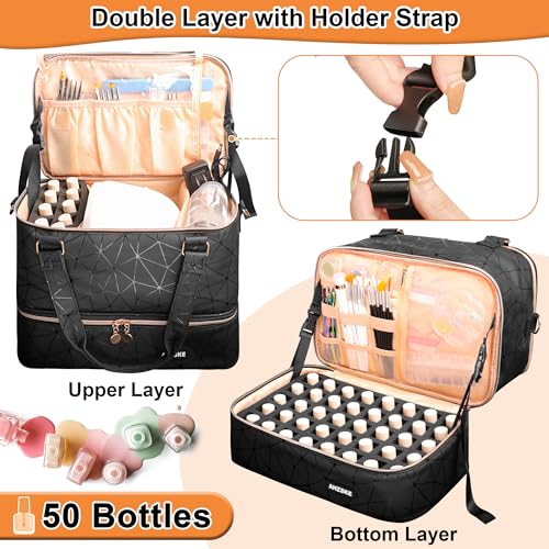 Nail Polish Organizer Bag Holds Nail Lamp& 50 Bottles (15ml/0.5fl.oz), PU Leather Nail Supplies Organizer Case with Shoulder& Holder Strap, Travel Nail Kit Storage for Manicure Tools (Black)
