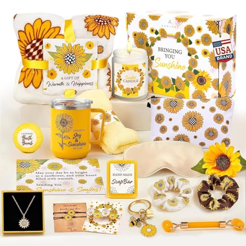 18Pcs Sunflower Gifts for Women - Unique Gift Basket Set - Birthday Gifts for Women, Best Friend, or Sister - Sunshine Box Care Package, Get Well Soon, Thinking of You, Friendship Basket
