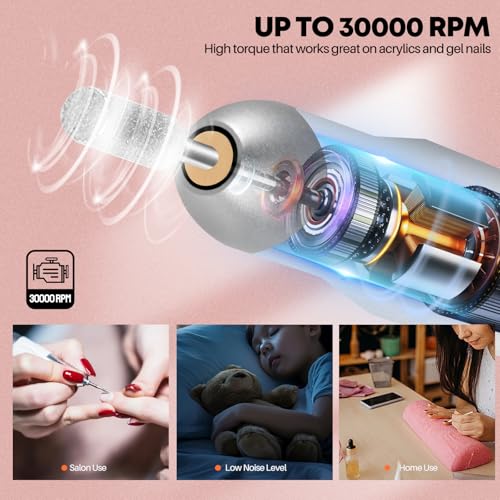 Electric Nail Drill Portable Nail Drill Professional 30000 RPM 13 Salon Quality Drill bits 50 Sanding Bands Portable & Low Noise for Acrylic Nails Gel Polishing Removing Bits Kit for Home Use