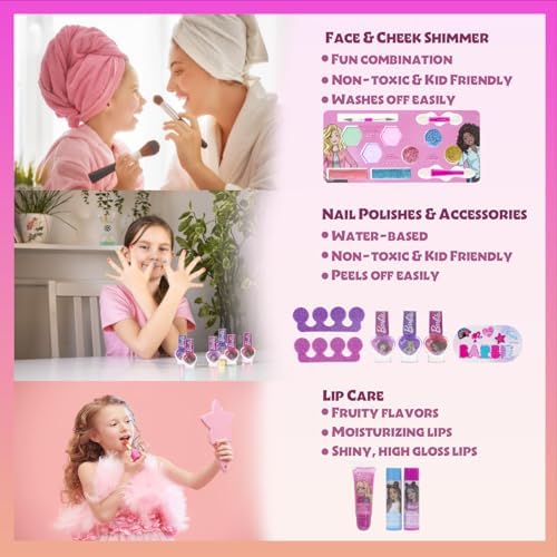 Barbie Movie Kids Makeup Kit for Girls, Real Washable Toy Makeup Set, Barbie Gift, Play Makeup and Pretend Play Toys Ages 3 4 5 6 7 8 9 10 11 12, By Townley Girl