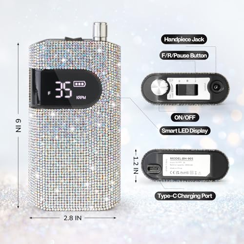 Professional Rechargeable Nail Drill Machine, Lavinda Diamond 35000RPM Electric Nail File Cordless Portable Nail Drill with Coreless Motor for Acrylic Nails, Manicure Pedicure Tool, Crystal Diamond