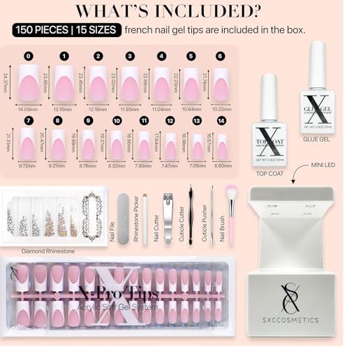SXC Cosmetics French Tip Press On Nails Pink Series, Medium Square X-Pro Tips Starter Kit