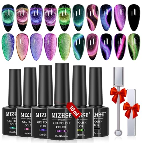 MIZHSE 9D Cat Eye Gel Nail Polish, Magnetic Cat Eye Gel Polish Set, 10ml*6 with 2 Magnets, Classic Colors Chameleon Magic Galaxy Effect Soak off Nail Art, Sparkle Stunning Gel Polish Gift for Women