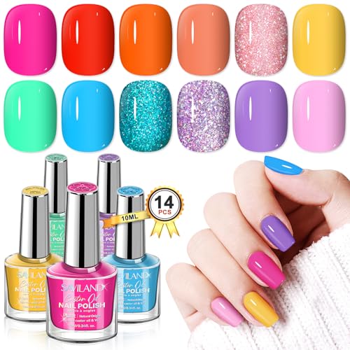 SAVILAND Finger Nail Polish Set for Beginner: 12 Neon Colors Air Quick Dry Nail Polish Summer Glitter Nail Polish Kit Regular Fingernail Polish Non Gel with Base-Top Polish for Toe Manicure Nail Art