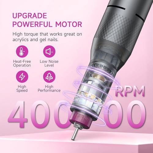 Electric Nail Drill Professional, Portable Nail File for Acrylic Gel Nails, Cordless Rechargeable Ultra Power Nail Drill Kit 40000RPM, HMC320 Salon-Grade Efile Nail Machine (Dark Grey)