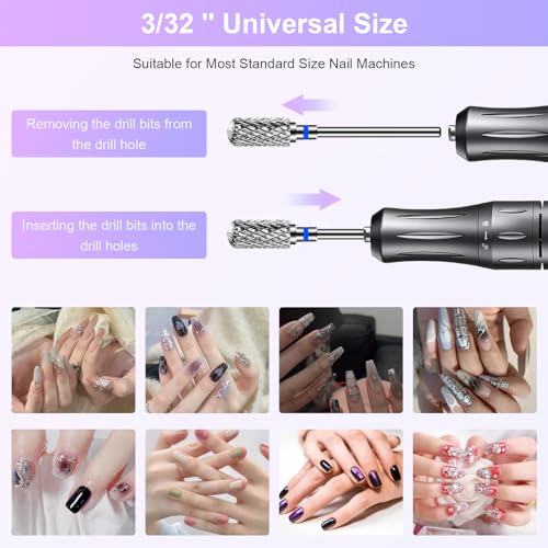 CGBE Nail Drill Bits, 6 Piece Nail Drill Bit Grinding Heads Carbide Machine Accessories for Manicure Remove Acrylic or Hard Gel Polygel, 3/32 Inch Professional Bits for Nail Cutter - Medium