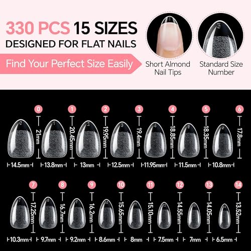 UNA GELLA Short Almond Nail Tips Thicker X-Soft Flexible Gel Nail Tips Pre-Etched 330PCS Full Cover Short Acrylic Fake Nails Strength Nails for Press on Nail Extensions DIY Salon 15 Sizes