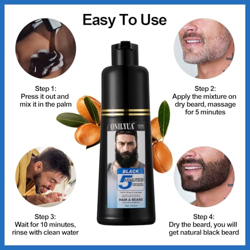 Men's Black Beard Dye, Black Hair Dye for Gray Hair Coverage, 3 in 1 Hair Dye Shampoo, Mustache & Beard Dye for Men, Quick & Easy to Use at Home, Long Lasting Beard Color for Men 200ML
