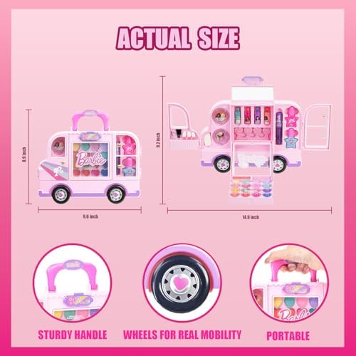 Barbie Car Makeup Kit for Girls, Real Washable Toy Makeup Set, Barbie Gift, Play Makeup and Pretend Play Toys, Perfect for Birthdays, Parties, Sleepovers & Makeovers, Ages 6 and up, by Townley Girl