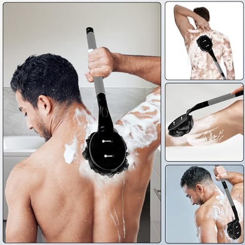 Loofah with Handle, 21.7” Detachable Loofah Back Scrubber, Back Loofah, Exfoliation and Improved Skin Health, Shower Loofah for Shower for Men Women（Black）