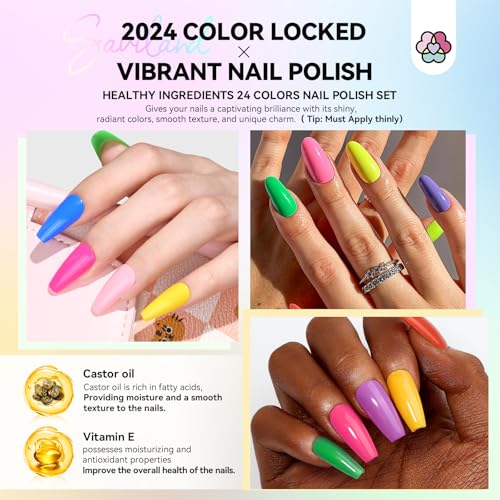 SAVILAND Nail Polish Set Quick-Dry: 24 Trendy Color Regular Nail Polish Kit Neon Glitter Finger Bulk Nail Polish Non Gel Plant-base Castor Oil Vitamin E Toe Nail Lacquer Home Set Women