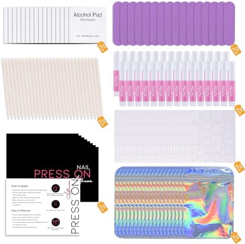 Press On Nail Tool Kit for Nail Business, Nail Prep Application Disposable Kit with Nail File, Nail Glue, Prep Pads, Instruction Card, Adhesive Nail Tabs, Wood Stick, Holographic Bag (50pcs in purple)