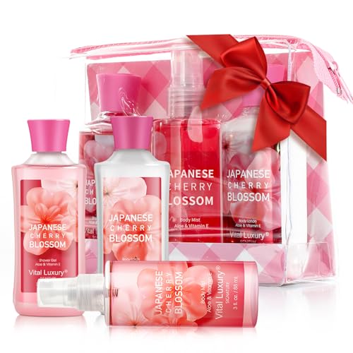 Bath Gift for Women and Girls, Japanese Cherry Blossom Spa Set With Natural Extracts, 3PCS Set - Shower Gel, Lotion, Mist, Personal Self Care Kit, Body Care Travel Set