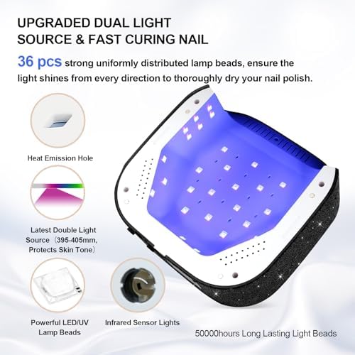 Lavinda 54W UV Nail Lamp, UV Light for Gel Nails, Cordless Rechargeable UV LED Nail Lamp Nail Light with 4 Timer and LCD Display, Professional Fast Curing Lamp Nail Dryer with Black Rhinestone