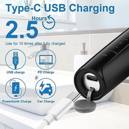 Tooth Polisher - SIQUER Plaque Remover for Teeth Whitening Dental Tools Electric Tartar Polishing Teeth Cleaning Kit with LED Light 5 Speed Modes with 5 Replacement Brush Heads (Black)