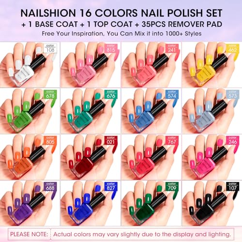 Nail Polish | 16 Colors Rainbow White Air Dry Regular Nail Polish Set with Base Top Coat & Remover Pads Spring Summer Classic French Fingernail Polishes Non-gel Bulk Gift for Nail Art Lovers