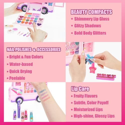 Barbie Car Makeup Kit for Girls, Real Washable Toy Makeup Set, Barbie Gift, Play Makeup and Pretend Play Toys, Perfect for Birthdays, Parties, Sleepovers & Makeovers, Ages 6 and up, by Townley Girl