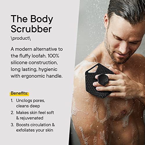 TOOLETRIES Body Scrubber & Hook - Premium Silicone Scrub for Cleaning, Exfoliating and Invigorating Your Skin - Shower Accessories - Durable & Long Lasting Body Wash Scrubber for Men - Charcol