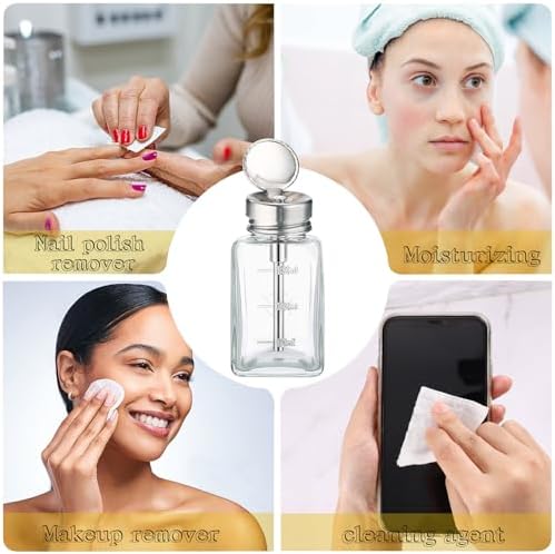 Noverlife 2PCS 6Oz / 180ml Clear Pump Dispenser Bottle, Square Glass Push Down Liquid Dispensers, Nail Polish Remover Hand Pumping Press Container with Flip Top Cap Refillable Push Down Pump Dispenser