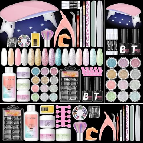 COSCELIA Acrylic Nail Kit for Beginners with Everything Nude Pink Clear Acrylics Powder with u v Light Glitter Decorations Professional Nails Kit Acrylic Set Gift for Women