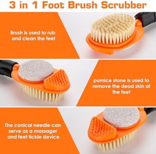Foot Scrubber with Pumice Stone, 3 in 1 Adjustable Aluminum Tube 15”-28” Shower feet Dead Skin Remover, Foot Cleaning Brush for Seniors,Elderly, Disabled Men and Women