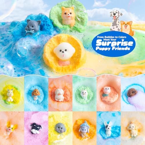 24 Pack Puppy Bath Bombs for Kids – Each with Surprise Puppy Figurine Inside, 12 Unique Scents, Bath Bombs with Toys, Gentle on Skin, Birthday Party Favors & Summer Gifts for Boys and Girls