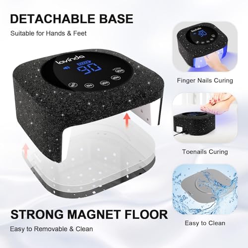 Lavinda 54W UV Nail Lamp, UV Light for Gel Nails, Cordless Rechargeable UV LED Nail Lamp Nail Light with 4 Timer and LCD Display, Professional Fast Curing Lamp Nail Dryer with Black Rhinestone