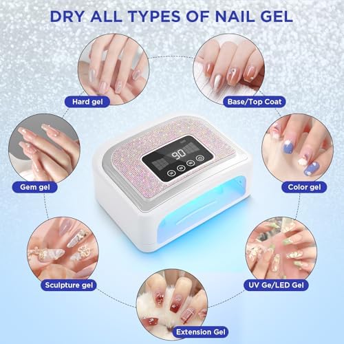 Cordless Nail Lamp, Rechargeable UV Nail Lamp for Gel Nails, LED Nail Lamp with 4 Timer Modes, Gel Nail Light Decorate with Sparkling Nail Rhinestones Diamond (Sparkly Diamond and White)