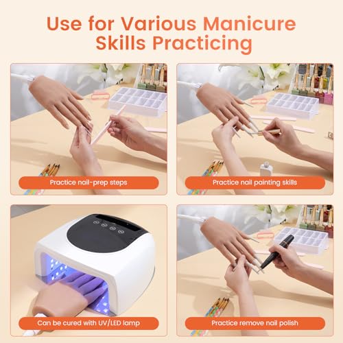 Practice Hand for Acrylic Nails: Realistic Silicone Nail Hand Practice with Tattoo Stickers - Flexible Fake Hand Mannequin Nail Hand Kit for Beginners