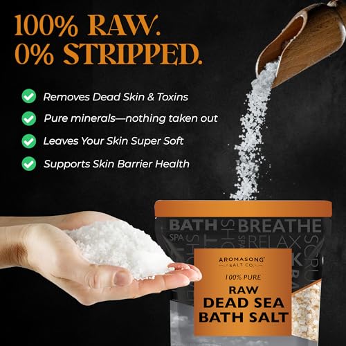Aromasong Raw Dead Sea Bath Salt - Minimally Cleaned, Contains More Dead Sea Minerals Including Dead Sea Mud - 100% Pure & Natural Dead Sea Salts for Soaking 5 LB - Bulk Resealable Pack