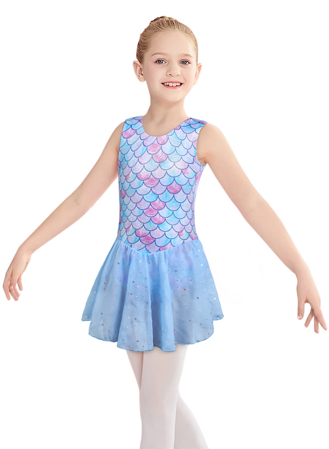 Toddler Ballet Leotards Dance Dress 2t 3t Sleeveless Blue Mermaid Gymnastics Leotard with Skirt (Mermaid Purple, 100(2-3T))