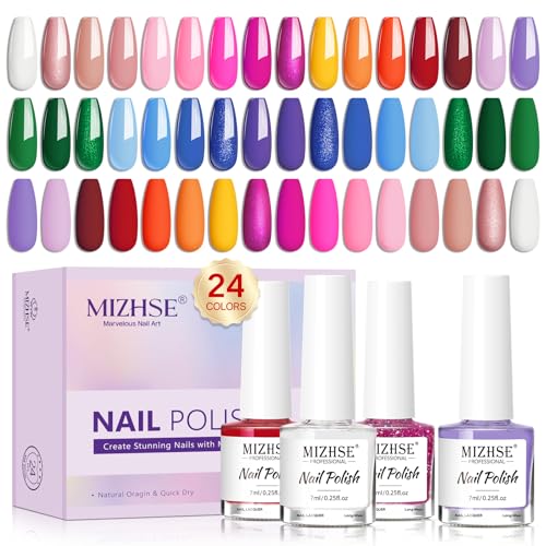 MIZHSE Quick Dry Nail Polish Set, 24 Colors Regular Nail Polish Non Gel, Air Dry Fast Neon Trendy Glitter Bulk Nail Lacquer Oil-based Long Lasting Fingernail Toe Home DIY Gift for Women