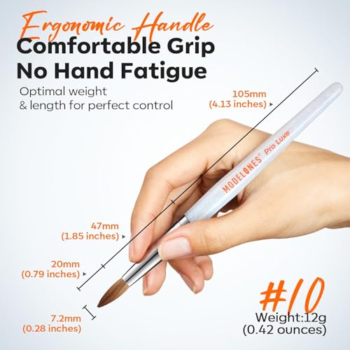 Modelones Pro Luxe Acrylic Nail Brush, 100% Pure Kolinsky Sable Hair Size 10 Oval Crimped Shaped Sturdy Ergonomic Handle for Acrylic Powder Sculpting Nail Art Brushes Professional Salon DIY Use