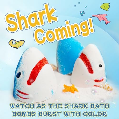 Shark Bath Bombs for Kids with Surprise Fishing Toy Set, 8 Fun Exploding Bath Balls & 9 Fishing Toys, Natural Handmade Organic Bubble Bath Fizzies, Ideal Birthday Holiday Christmas Gift for Boys Girls