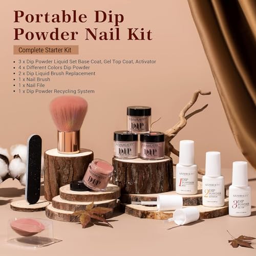 AZUREBEAUTY Dip Powder Nail Kit Starter, 4 Colors Skin Nude Brown Glitter, Acrylic Dipping Powder Liquid Set with Base/Top Coat Activator for Daily French Nail Art Manicure DIY Gift 12 Pcs