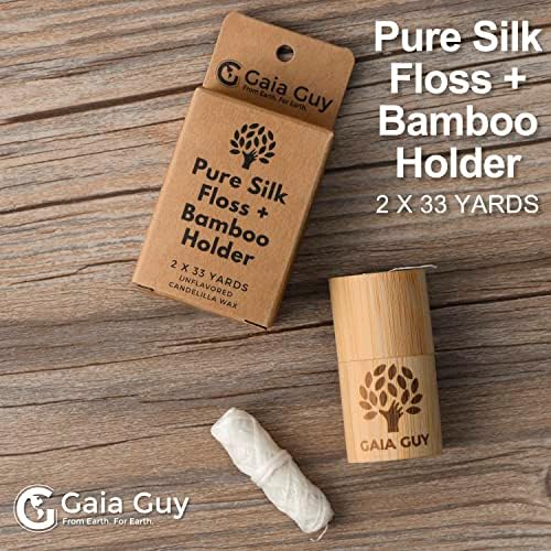 Gaia Guy Natural Unflavored Silk Dental Floss with Floss Refill & Reusable Bamboo Holder | 2 x 33yds Compostable Pure Silk Waxed with Candelilla Wax | Plastic-Free Packaging