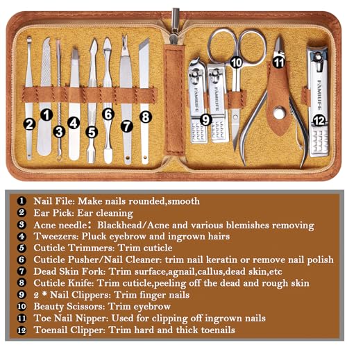 FAMILIFE Manicure Set, Nail Professional Kit Manicure Kits Nail Clipper Sets, 13PCS Stainless Steel Pedicure Sets Mens Grooming Tool, with Brown Leather Travel Case for Men