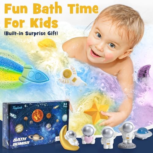 Space Bath Bombs for Kids with Surprise Inside, 8 Pack Kids Galaxy Bath Bombs with Space Toys for Toddler Boys Girls Handemade Rainbow Bubble Bath Fizzies Birthday Christmas Gift Set