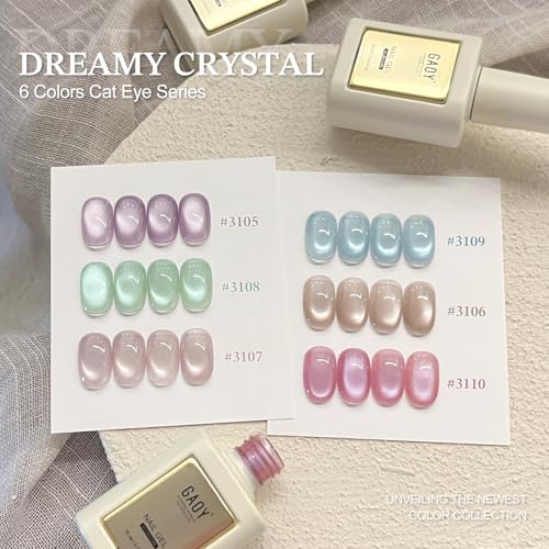 GAOY 16ml 6 Colors Cat Eye Gel Nail Polish Set with 3-in-1 Magnet, Sheer Pink Blue Green Holographic Gel Polish, UV Light Cure Manicure for Salon and Nail Art DIY at Home, Dreamy Crystal