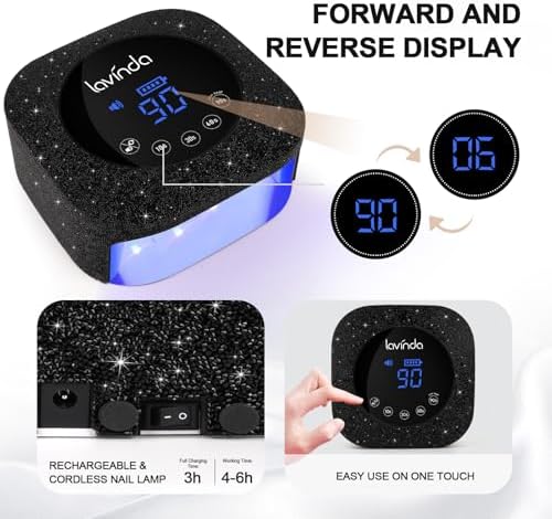 Lavinda 54W UV Nail Lamp, UV Light for Gel Nails, Cordless Rechargeable UV LED Nail Lamp Nail Light with 4 Timer and LCD Display, Professional Fast Curing Lamp Nail Dryer with Black Rhinestone