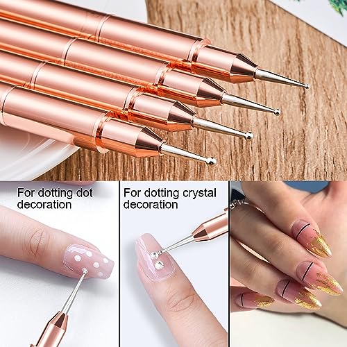 9Pcs Nail Art Brushes Set, Professional Double-Ended Acrylic Liner Detail Brushes for Gel Polish Art Nail, 3D Art Nail Dotting Brush Pen for Manicure DIY Home Salon, Rosegold
