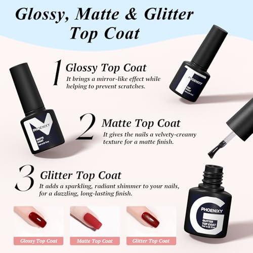 PHOENIXY Gel Nail Polish Kit with U V Light 48W, 56 Pcs 108 Effects Gel Nail Polish Kit Base Matte Glitter Top Coat Manicure Nail Set Gifts for Women