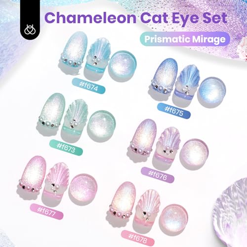 Beetles Cat Eye Gel Nail Polish Set - 6 Colors Summer Chameleon Cat Eye Green Pink Blue Purple Mermaid Gel with Magnet Soak Off UV Prismatic Mirage Collection Salon Nail Art Manicure Gift for Women