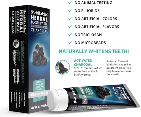 Brush Buddies Charcoal Toothpaste 6 Pack, 3.5 oz | Activated Charcoal Whitening Toothpaste | Fluoride-Free, Cool Mint | Herbal for Sensitive Teeth, Bad Breath & Stains
