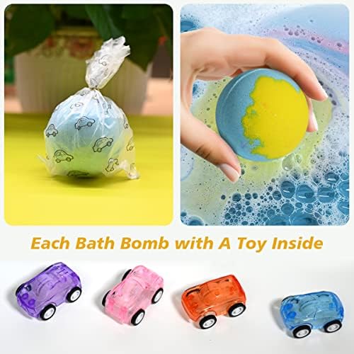 Bath Bombs for Kids with Surprise Toys Inside, 9 Pack Pull-Back Car Bath Bombs Gift Set for Boys Girls Birthday Easter Egg Xmas, Bubble Kids Safe Bath Fizzy Ball with 3 Multifunctional Vehicles Cars