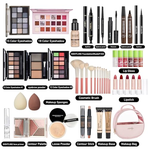 All In One Makeup Kit, Travel Makeup Kit, Makeup Gift Set, Makeup Kit for Women Full Kit, Makeup Bundle Includes Foundation Eyeshadow Palette Lipstick Eyeliner Mascara Contour Stick Cosmetic Brush Set