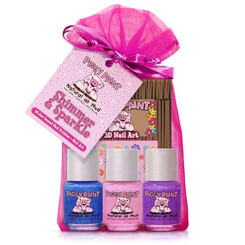 Piggy Paint | 100% Non-Toxic Girls Nail Polish | Safe, Cruelty-free, Vegan, & Low Odor for Kids | Shimmer & Sparkle (3 Polish + Nail Art Gift Set)