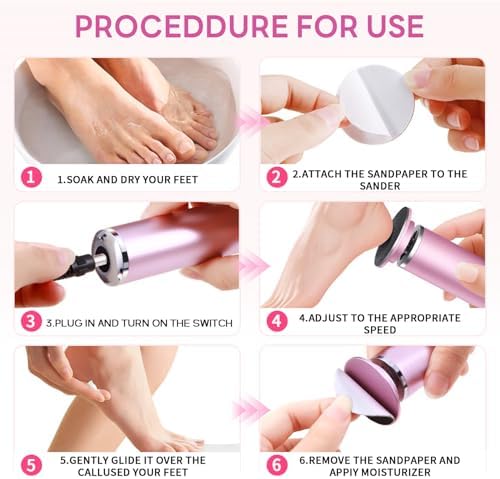 Dermave Electric Foot Callus Remover, 800RPM Electric Foot File Callus Remover for Feet with 60 pcs Sandpaper Discs, Stepless Speed Professional Foot Scrubber Pedicure Tools for Dead Skin and Calluses